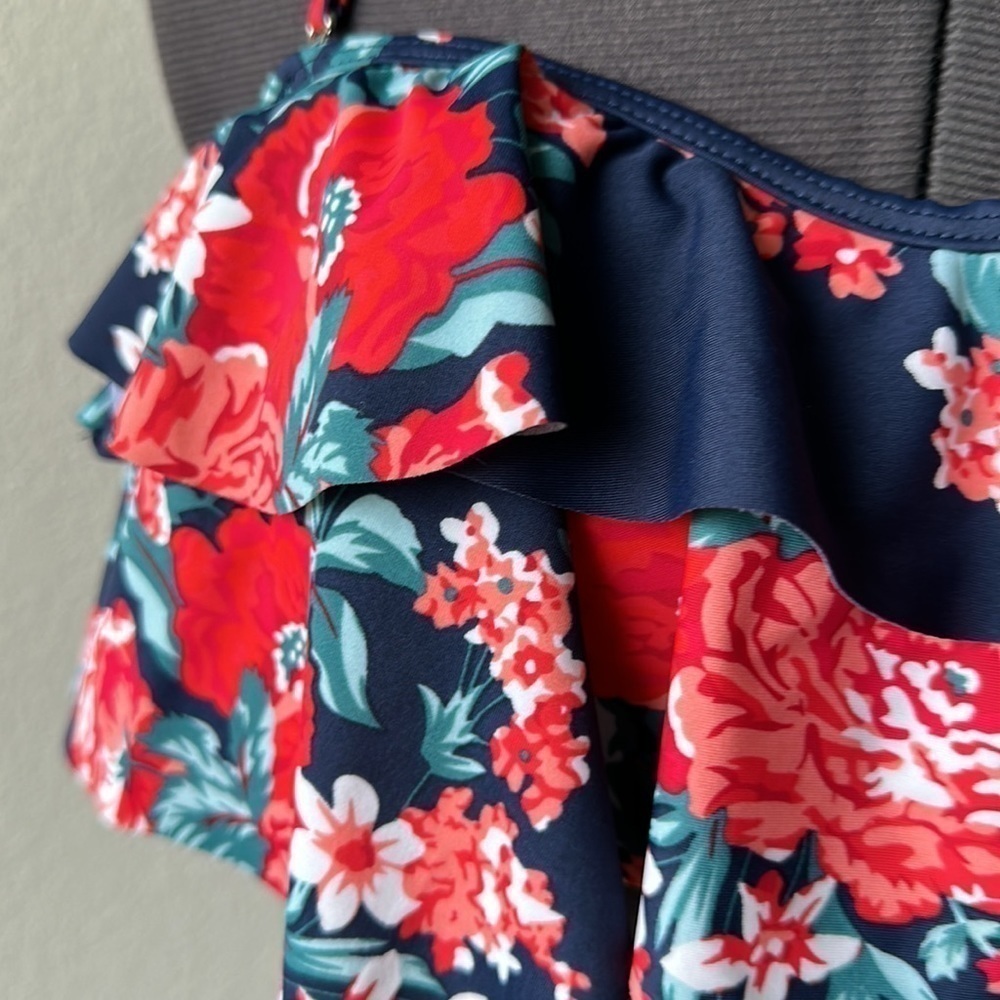 Cocoship swim top floral ruffled ties at neck size small blue orange red - Picture 3 of 11